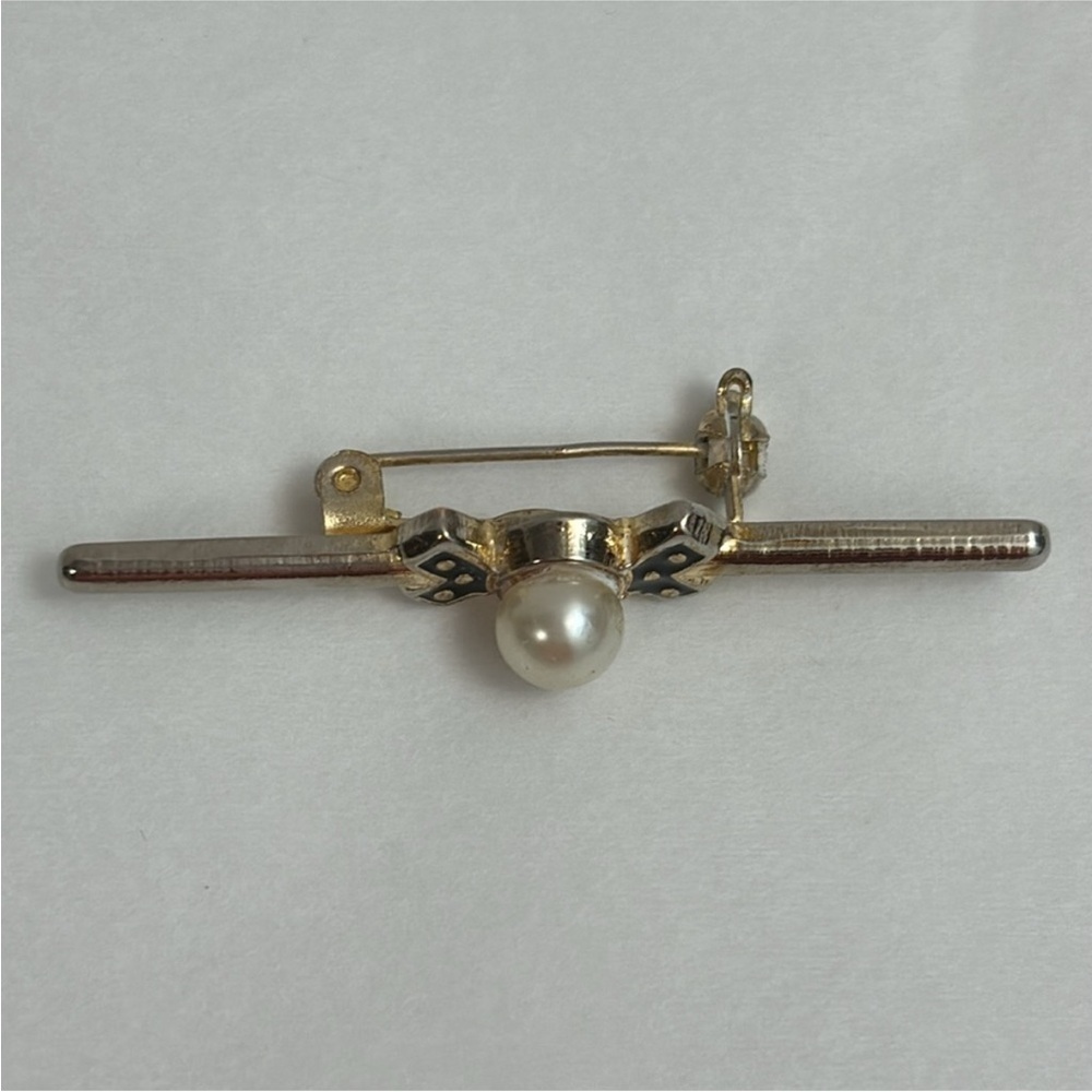 Vintage Faux pearl brooch art nouveau pin gold tone bar design black enamel - Picture 5 of 10
